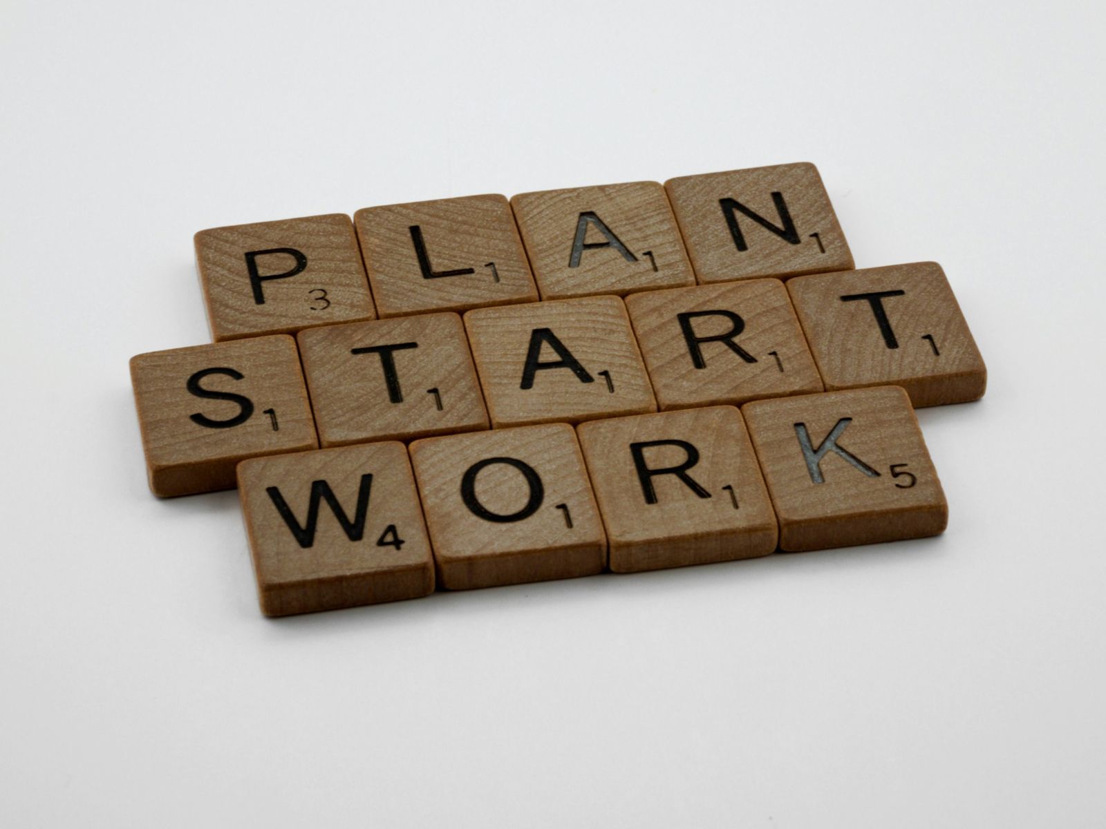 木製の文字タイルで綴られた「plan, start, work」